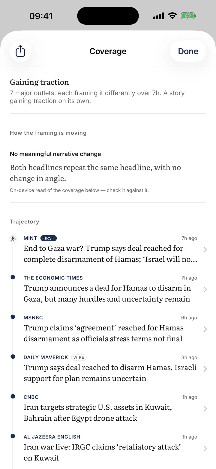 The Coverage sheet showing a framing read and one story across seven publications