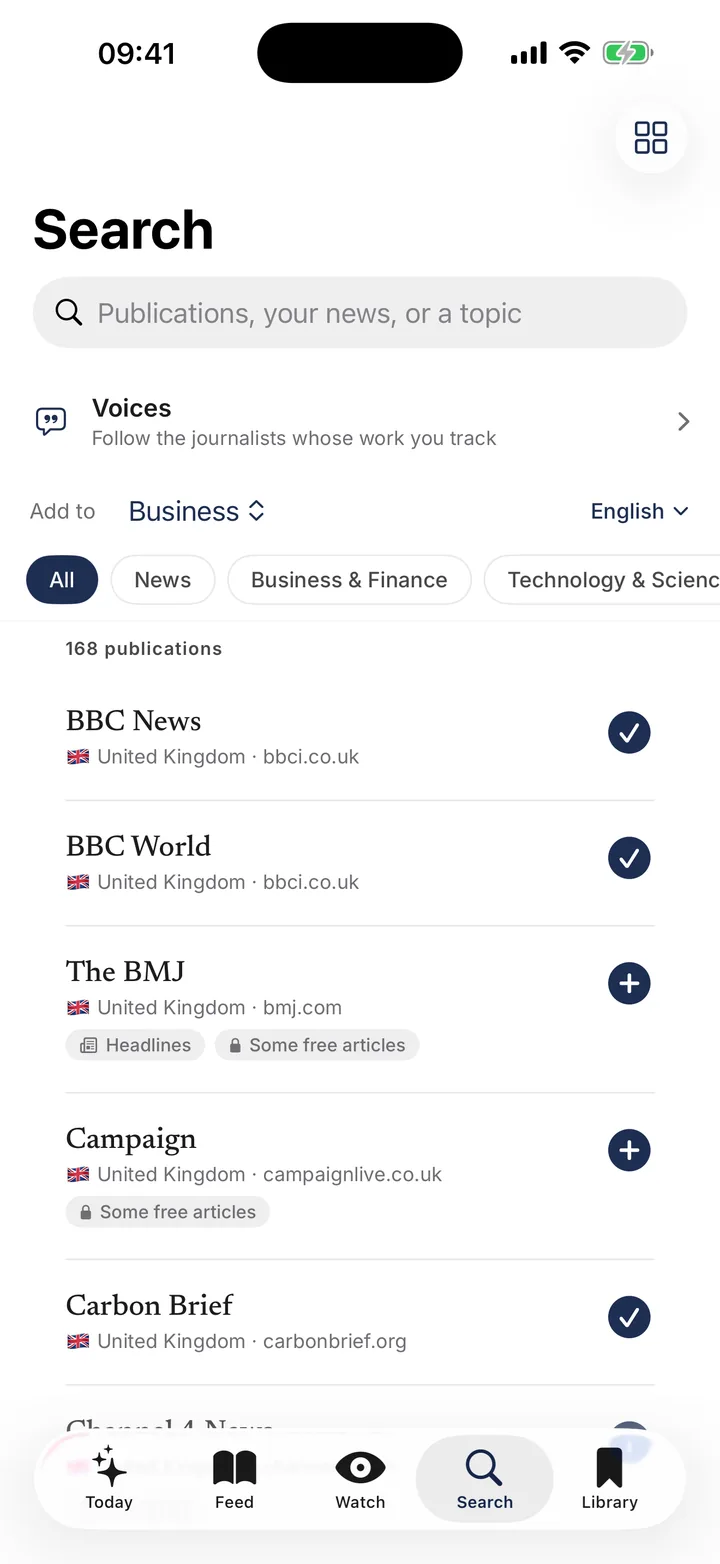 Search with Voices at the top and publication results below